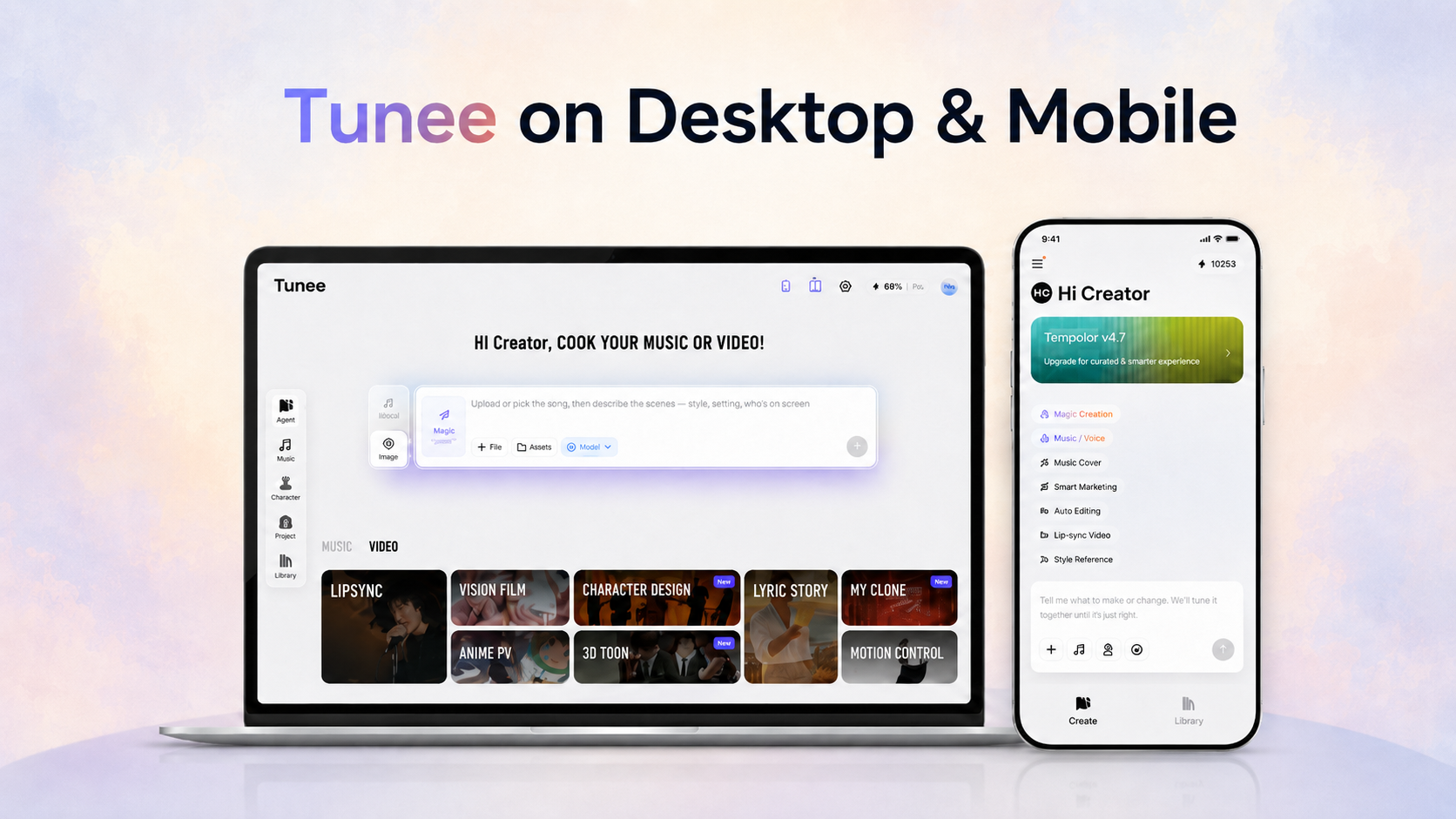 Tunee on desktop and mobile